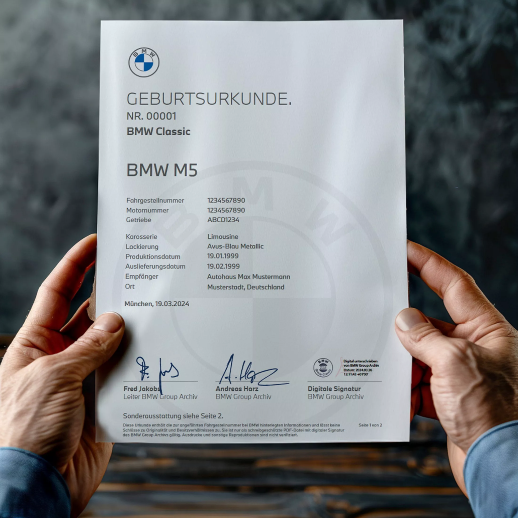 Zamów cyfrowy akt urodzenia dla swojego klasyka BMW-2024-BMW-Classics-Birth-Certificate